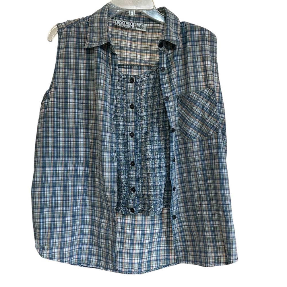 Colo Wear Womens 2X Plaid Sleeveless Button Up Shirt Smocked Inset Blue Tan